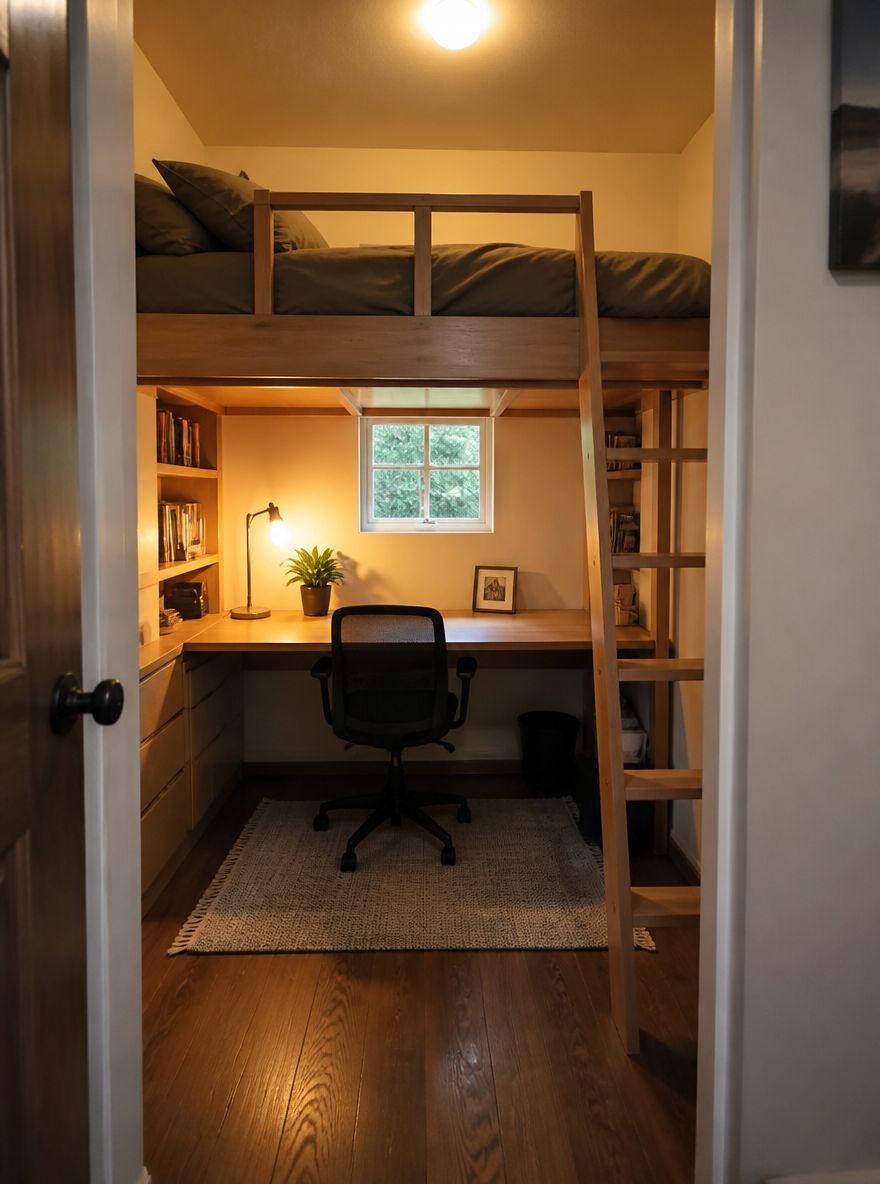 Cama tipo loft sobre escritorio empotrado