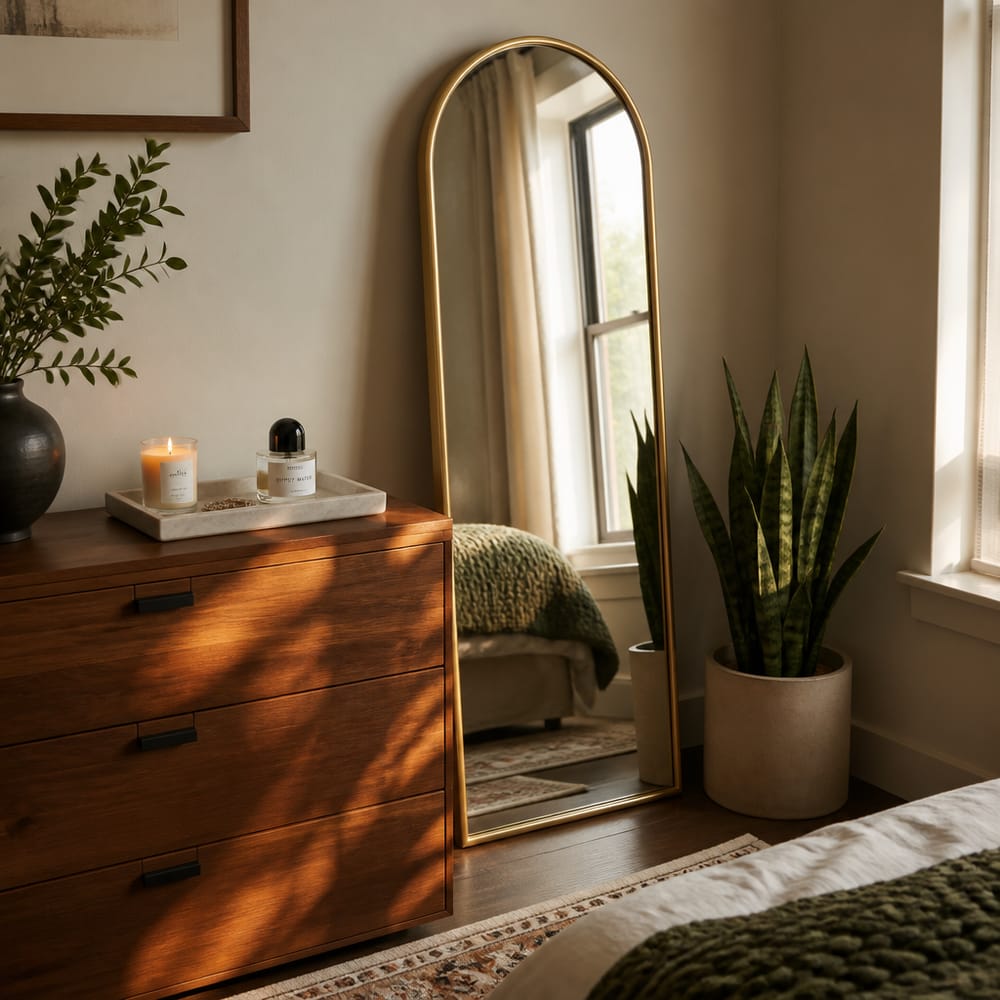 Esquinero decorativo con espejo arqueado y sansevieria