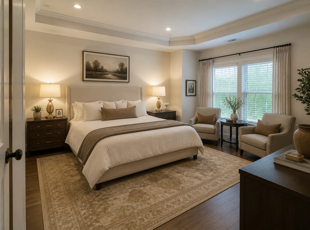 Rincón de estar y cama king en dormitorio principal