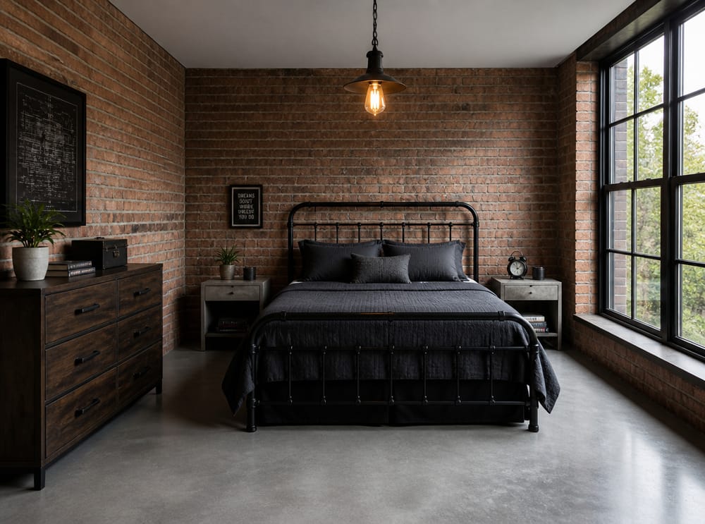 Cama de metal negro frente a pared de ladrillo visto