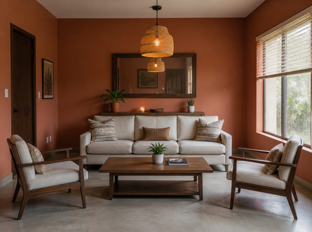 Sofá y sillones minimalistas, paredes terracota, lámpara colgante de ratán