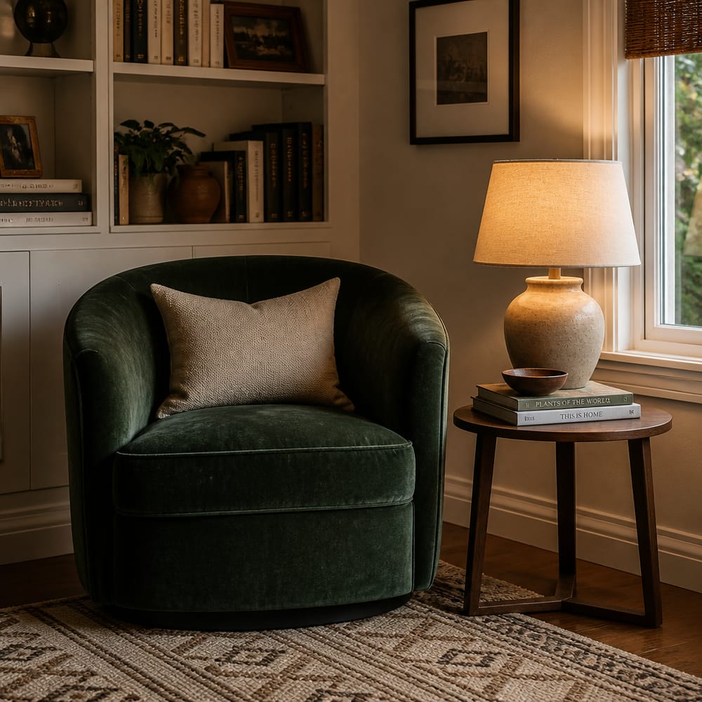 Sillón de terciopelo verde en la esquina con lámpara de mesa