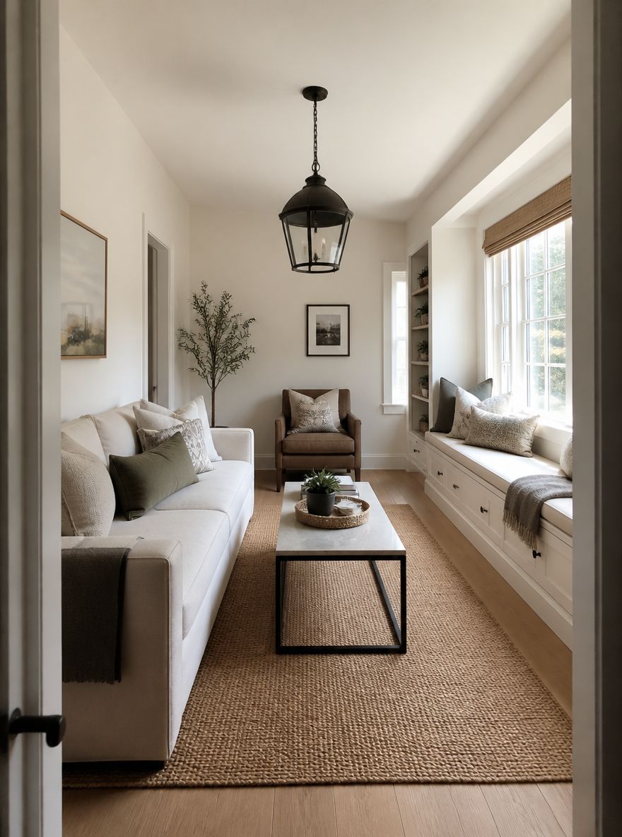 Habitación estrecha con banco junto a la ventana, sofá en la pared