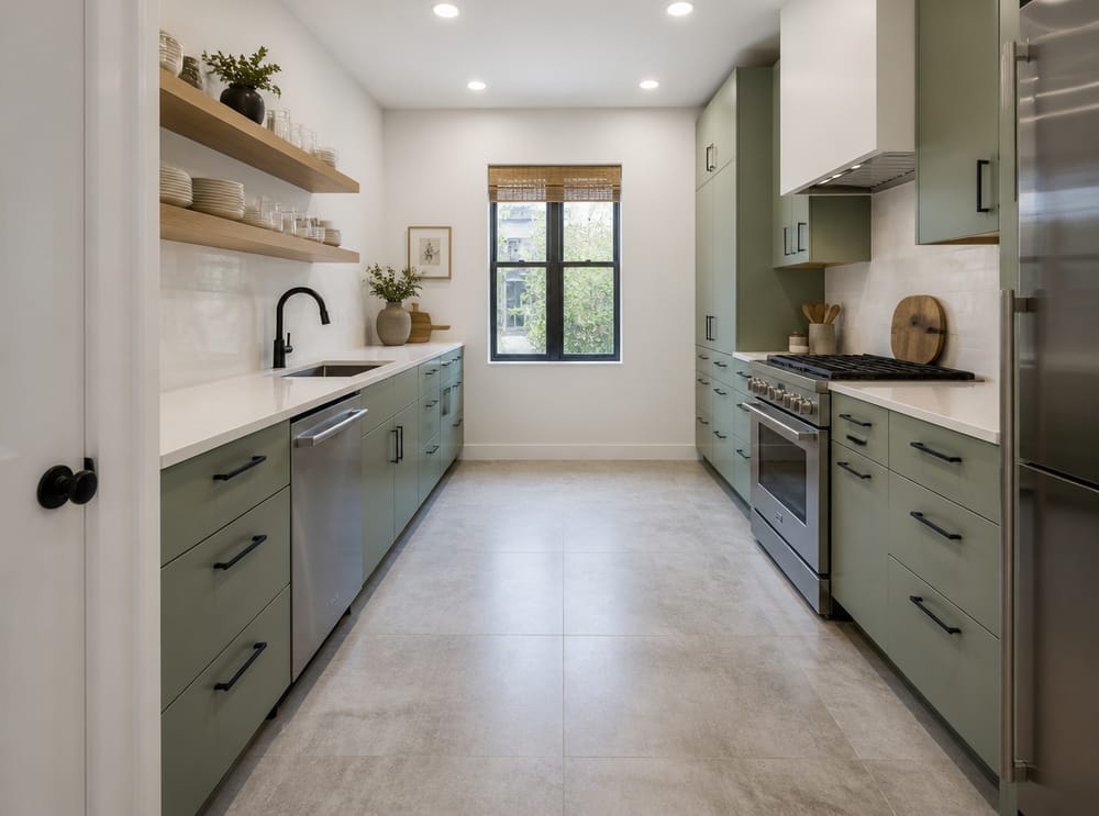 Cocina de paso con muebles salvia y estantes abiertos