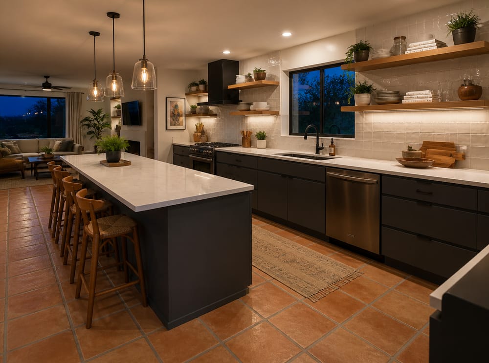 Cocina de concepto abierto con estantes flotantes y baldosas terracota