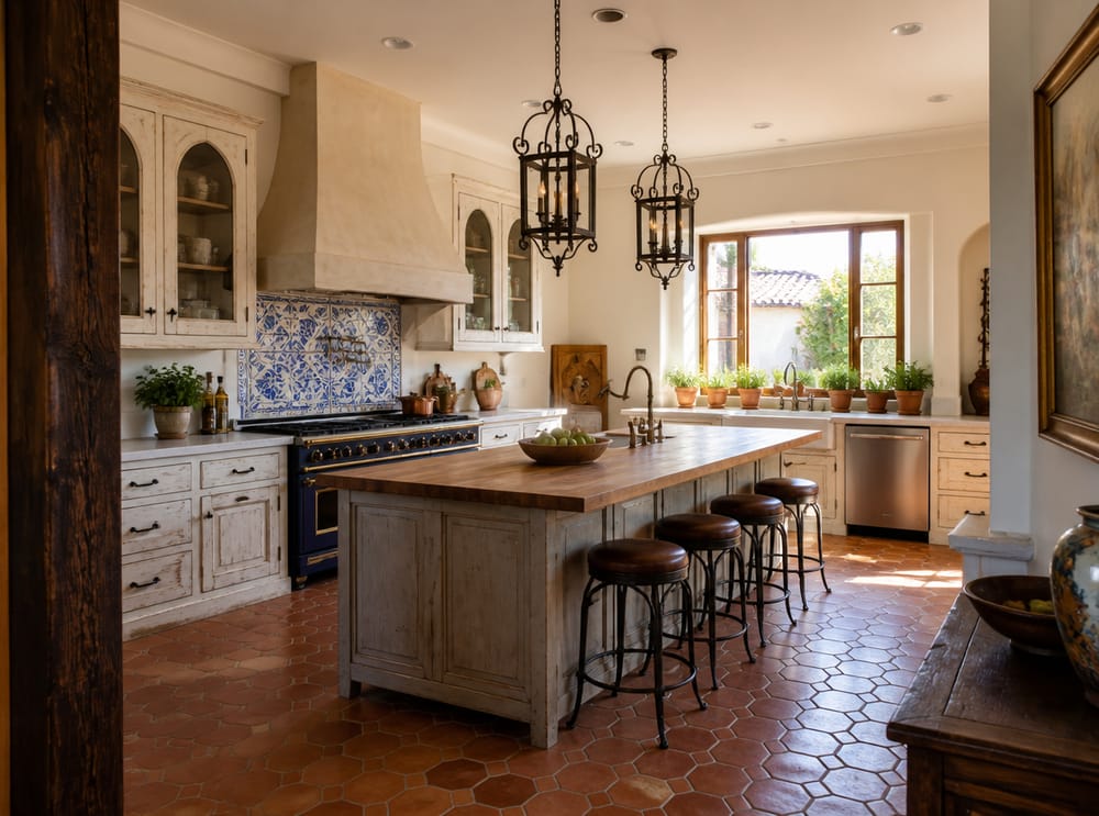 Cocina mediterránea con muebles arqueados y azulejos pintados a mano