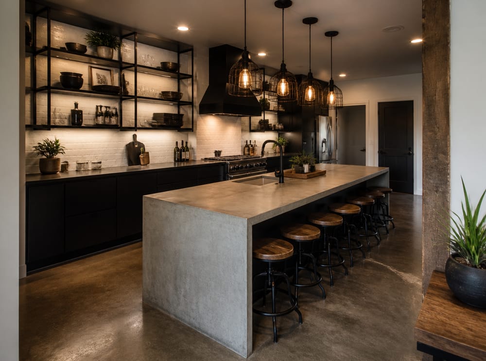 Cocina industrial con isla de concreto y estantería de acero
