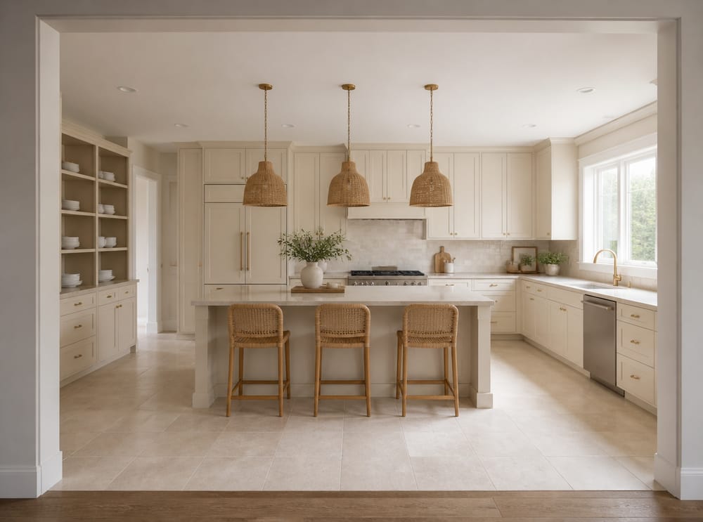 Muebles shaker crema con lámparas de ratán colgantes