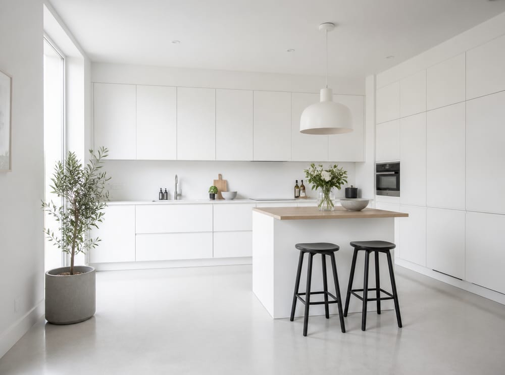 Cocina escandinava totalmente blanca con isla de abedul
