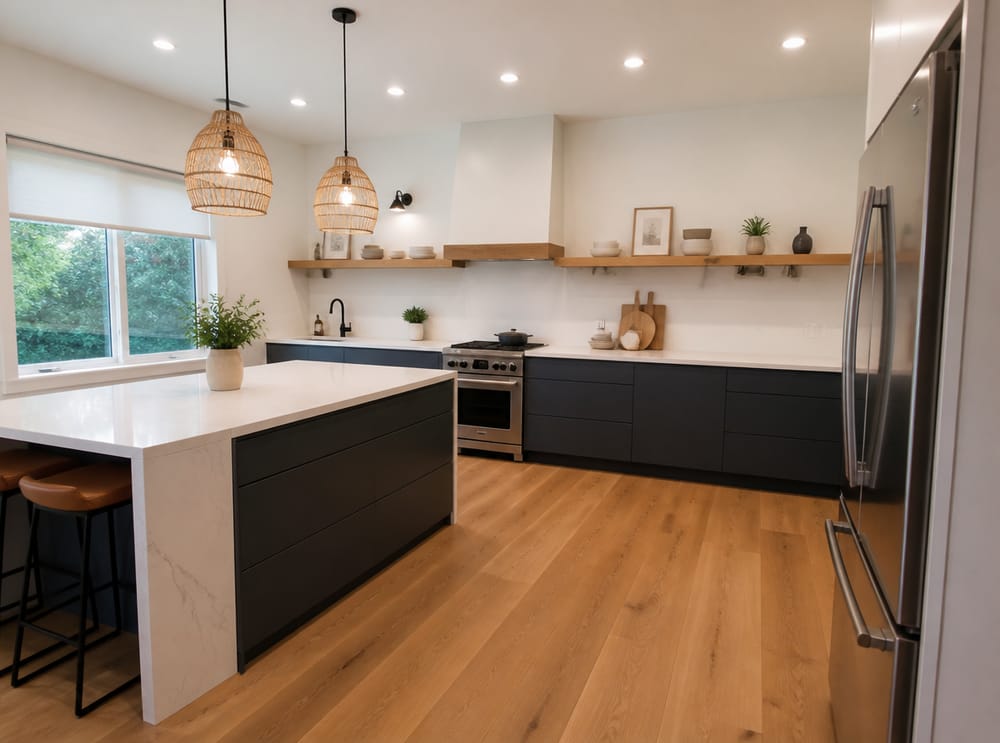 Muebles azul pizarra con estantes flotantes de roble