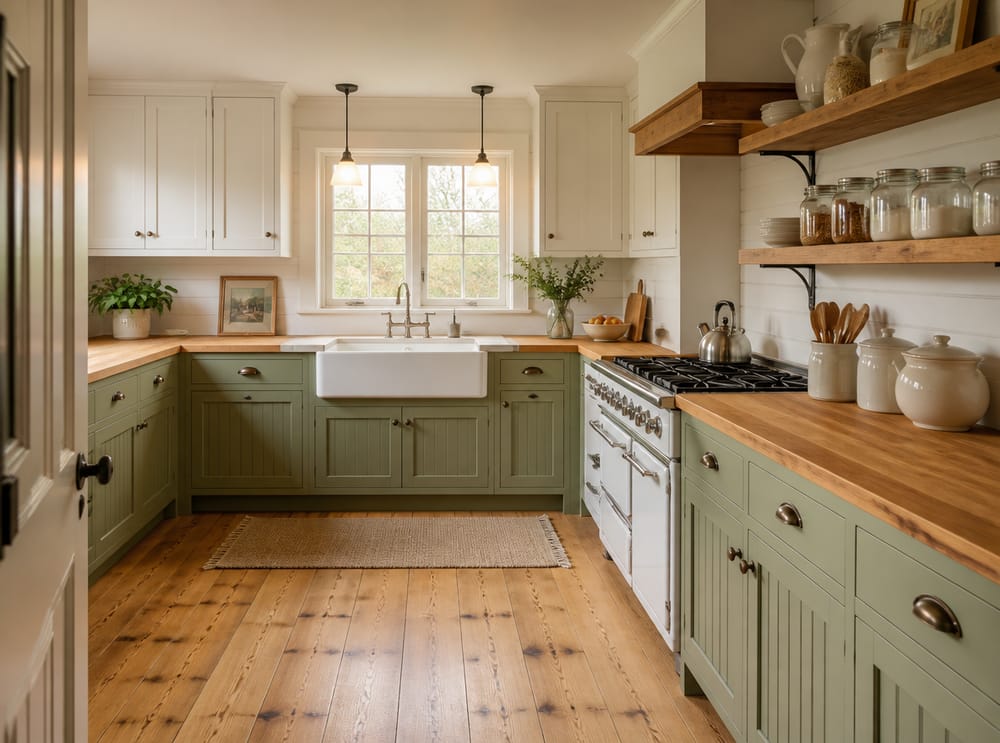 Cocina tipo granja con muebles de tablero ranurado y pisos de pino