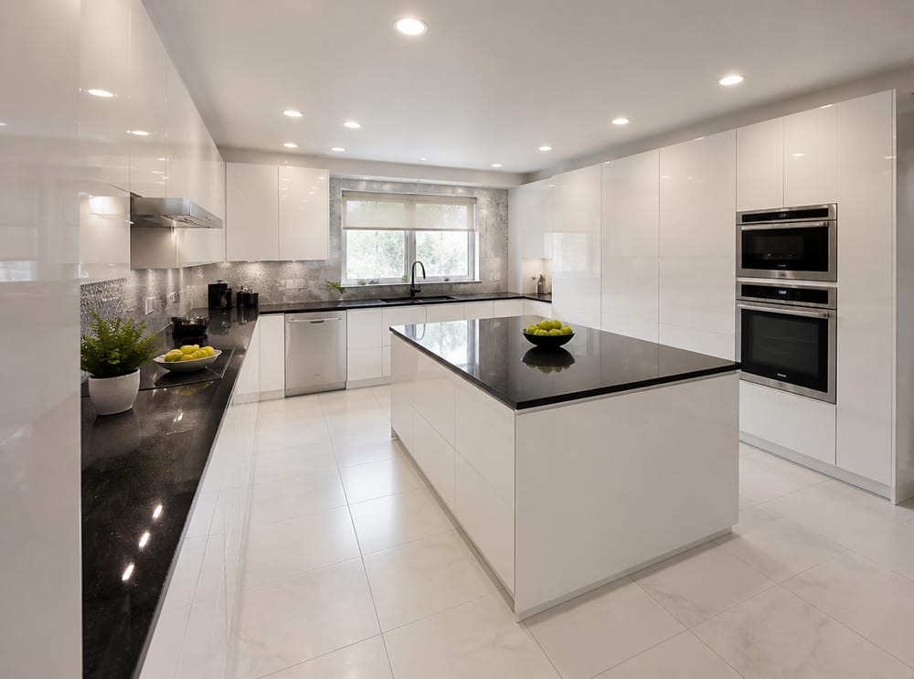 Cocina blanca sin tiradores con isla de granito negro