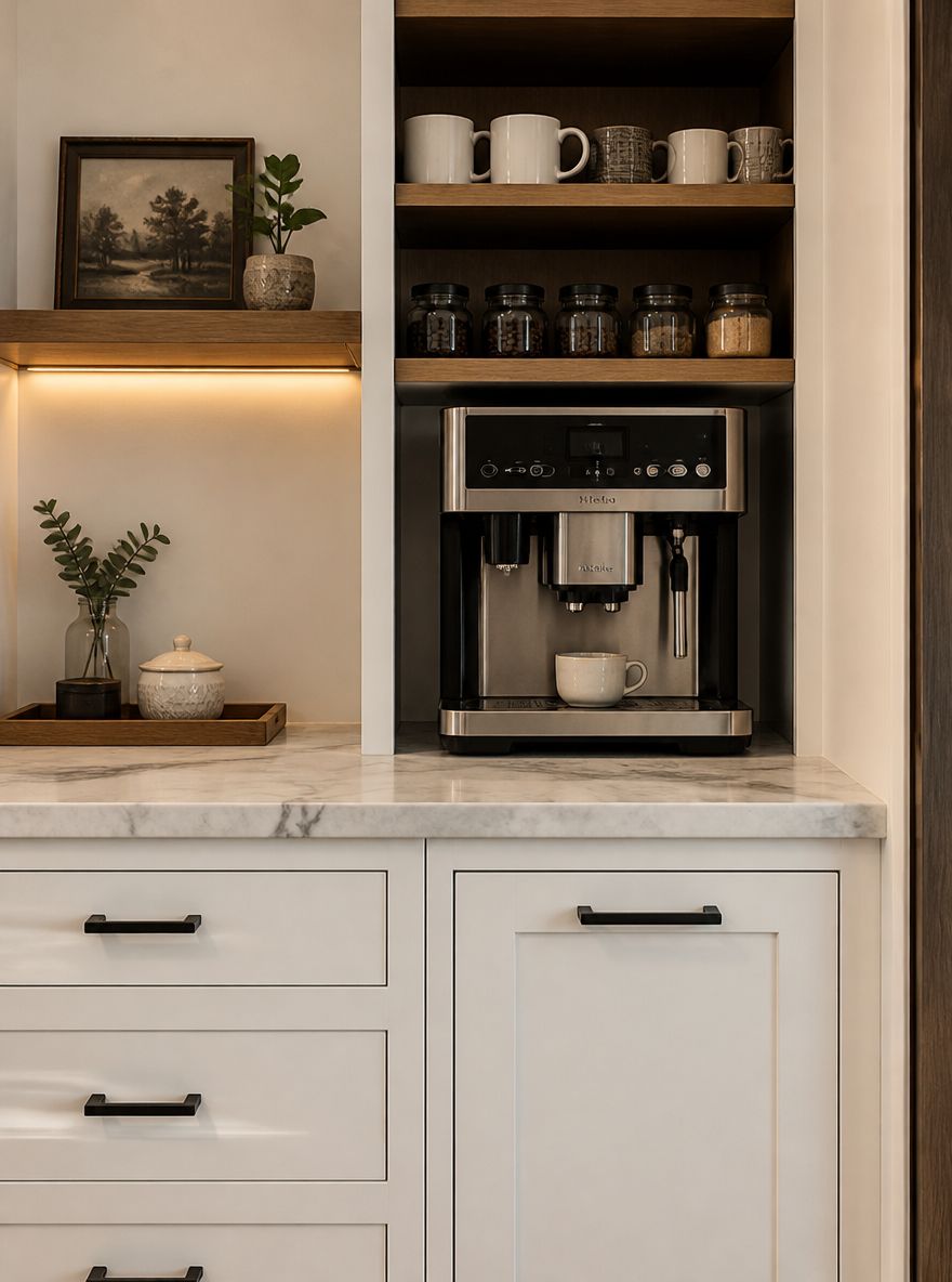 Estación de café empotrada con espacio para cafetera espresso