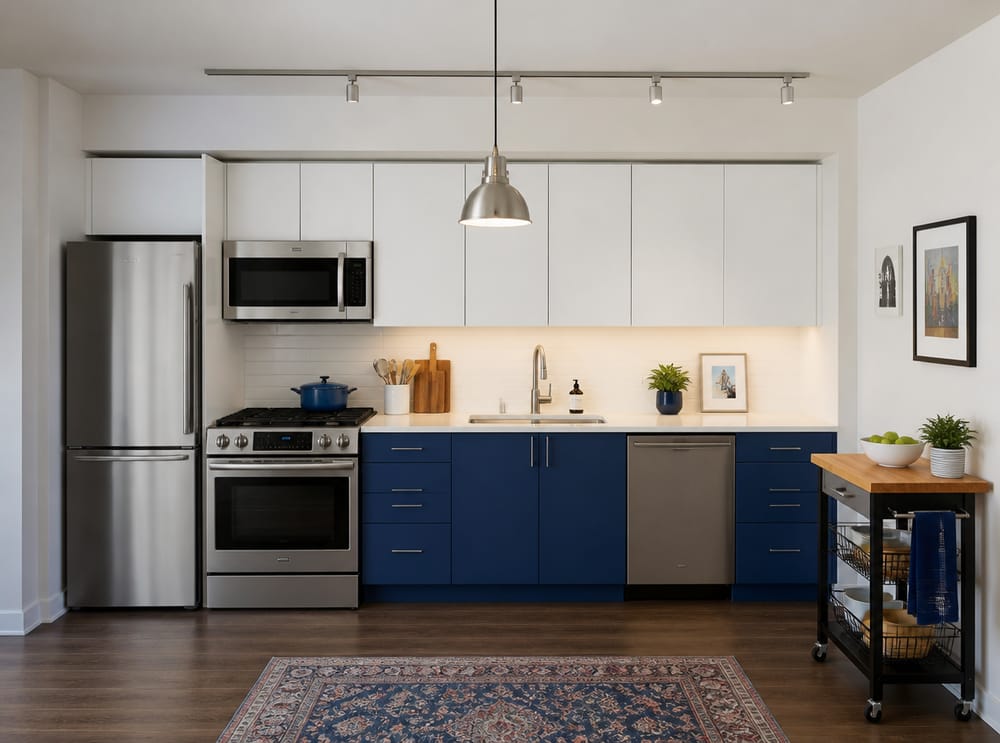 Cocina lineal compacta en azul cobalto