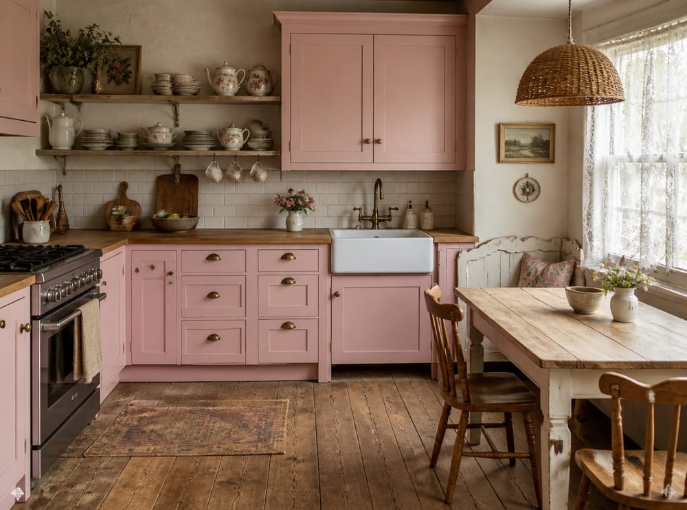 Angolo colazione integrato con mobili rosa tenue
