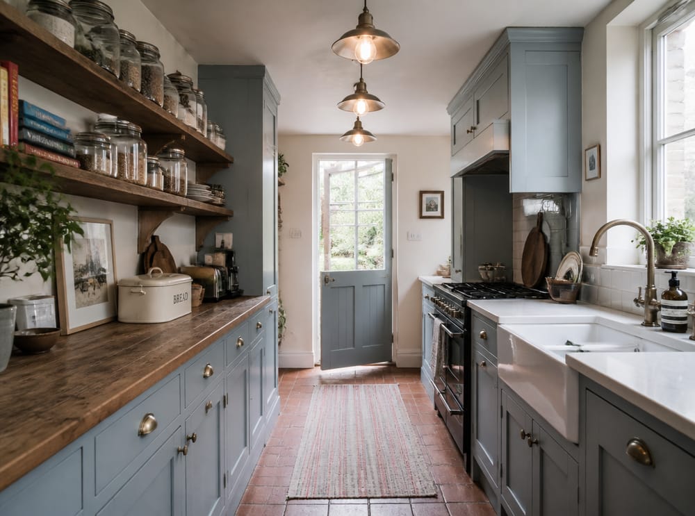 Cucina a corridoio blu uova d'anatra con vista sul giardino