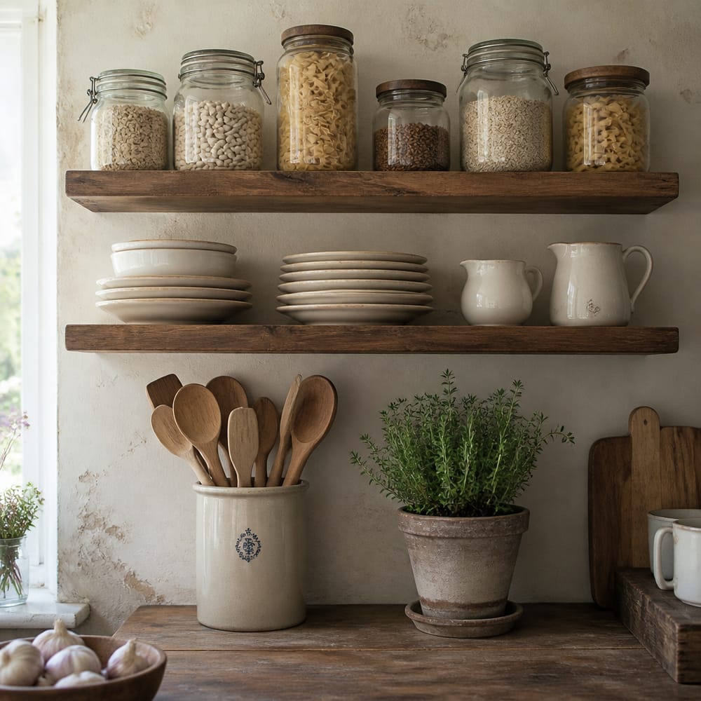 Tre scaffali in legno con ceramiche e barattoli di vetro