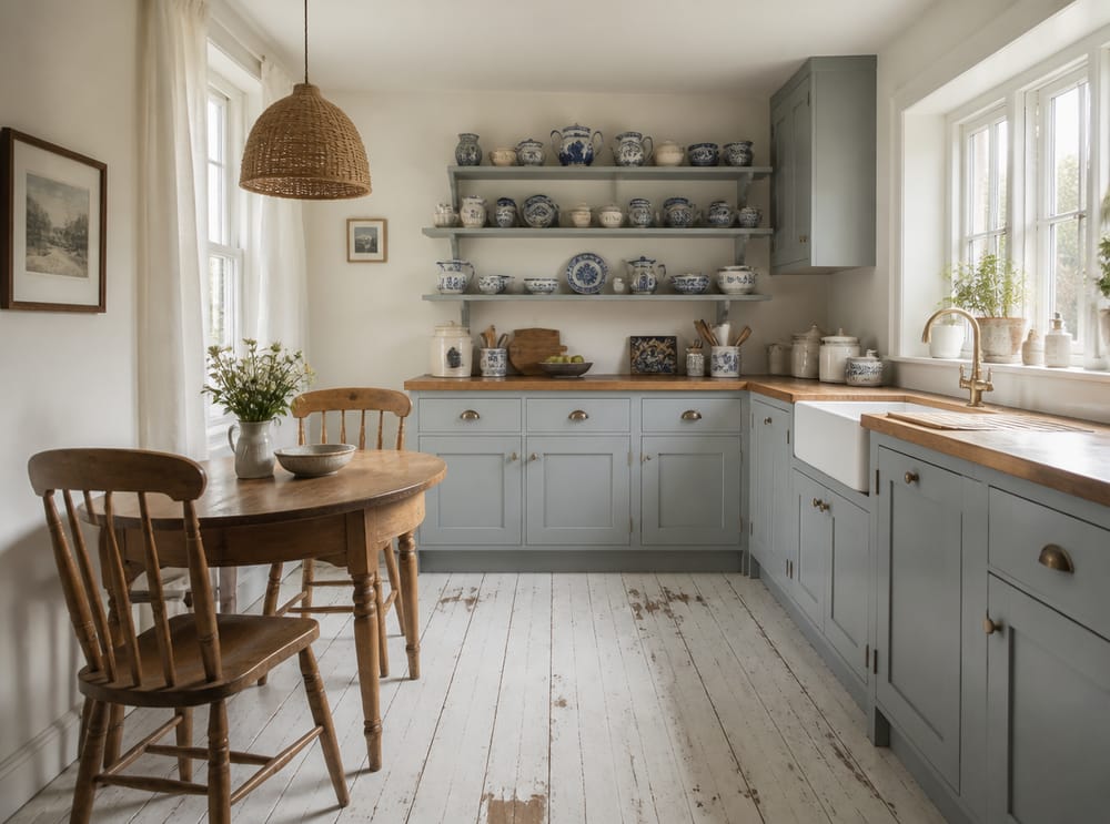 Mobili blu-grigio con esposizione di ceramiche blu e bianche