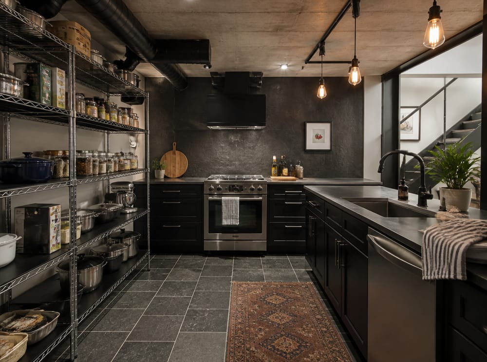 Estantería industrial junto a cocina independiente negra mate