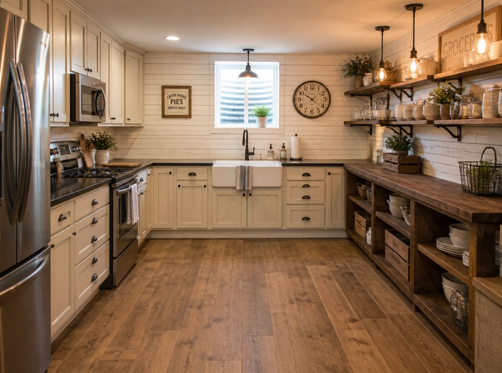 Pared de listones y fregadero estilo granja en cocina de sótano