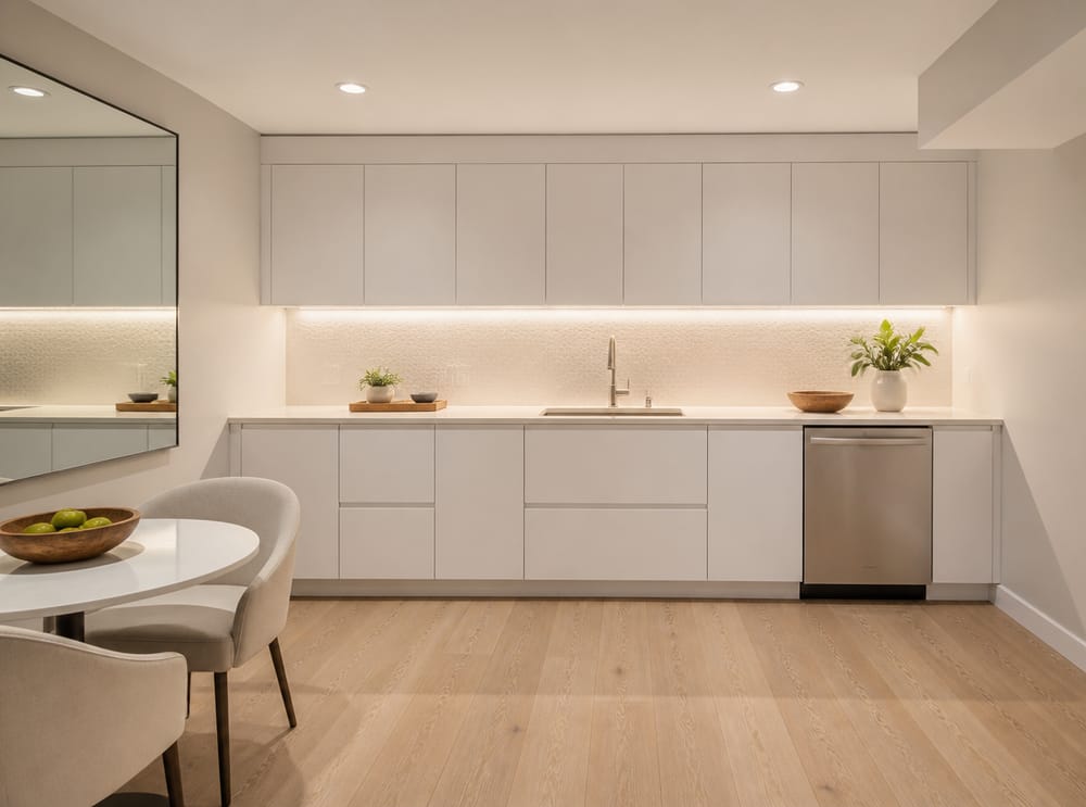 Panel de espejo amplificando luz empotrada en cocina sin ventana