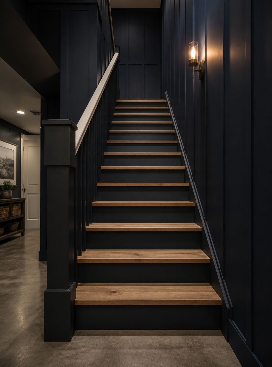 Vano scala blu navy a perline con pedate in hickory
