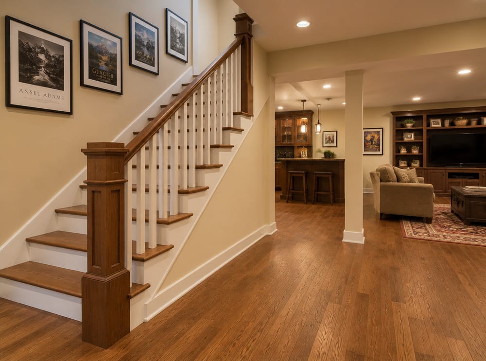 Colonnine stile craftsman con quadri incorniciati lungo la parete