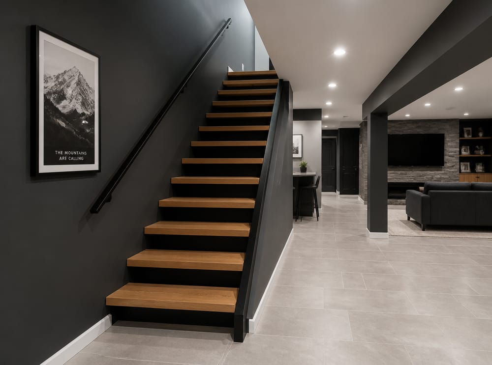 Alzate nere e vano scala antracite con pedate in rovere