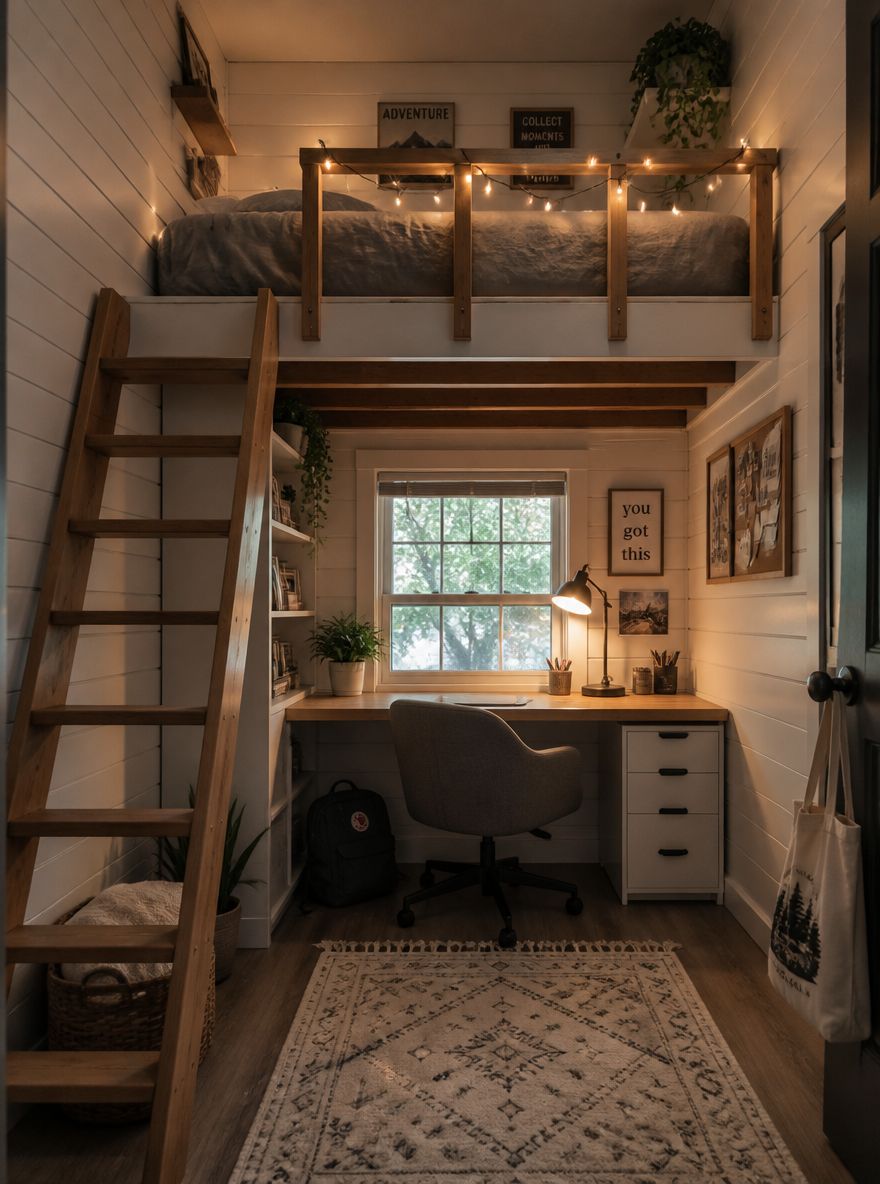 Çalışma köşesinin üstüne yükseltilmiş loft yatak
