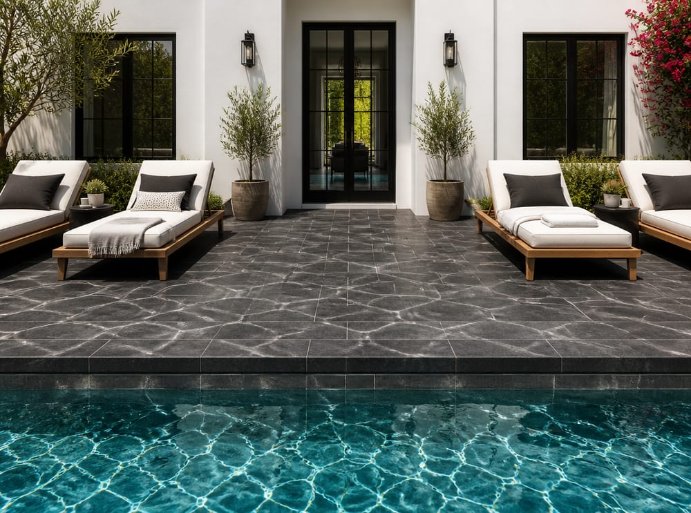 Deck de piscina de basalto oscuro con reflejos de agua ondulada