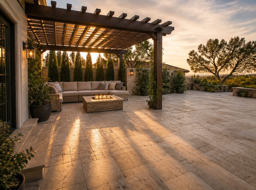 Patrón de travertino Versailles bajo pérgola abierta