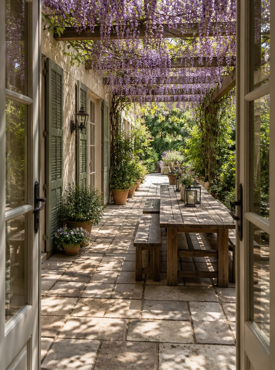 Patio comedor de piedra caliza recuperada bajo pérgola de glicinas