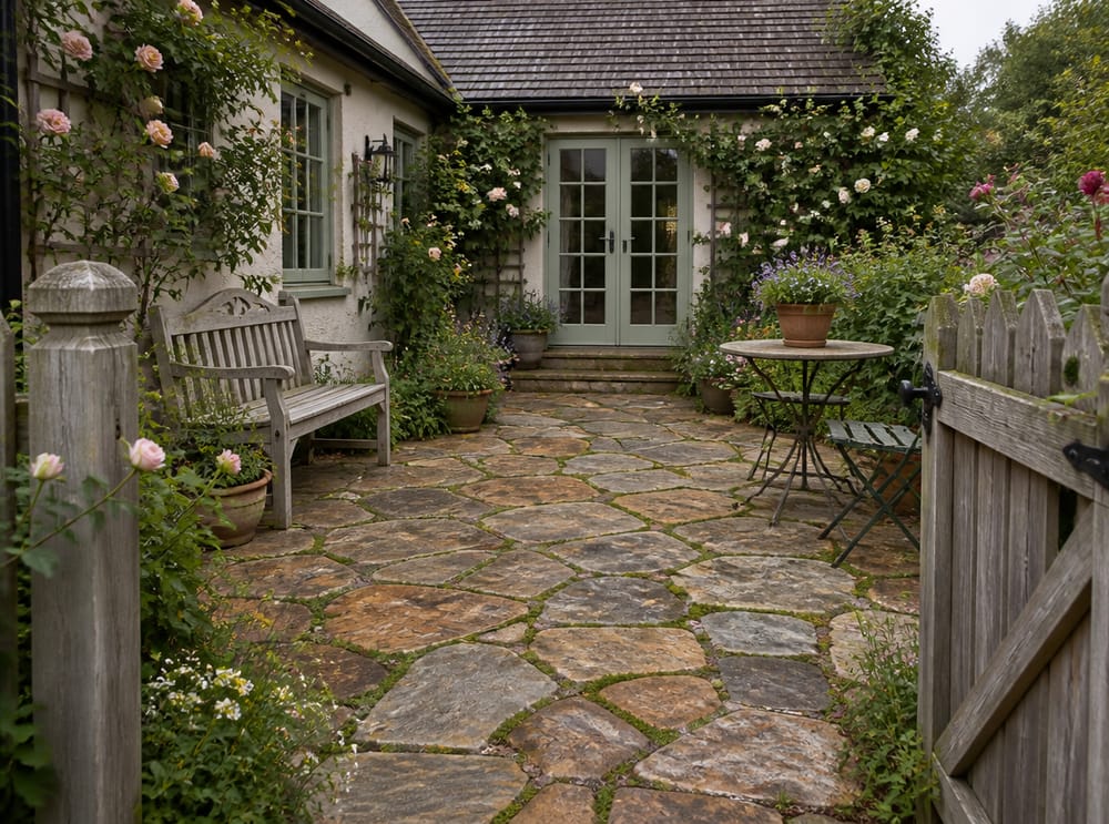 Patio de piedra de campo con musgo en las juntas y rosas trepadoras