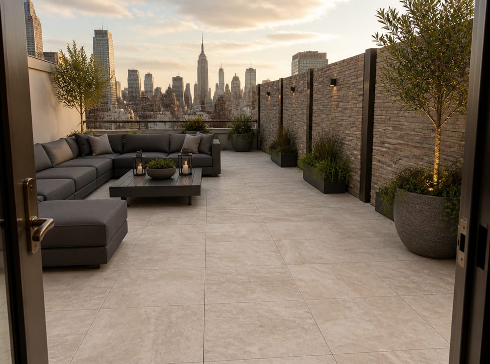 Patio en azotea acabado en travertino con mamparas de piedra apilada