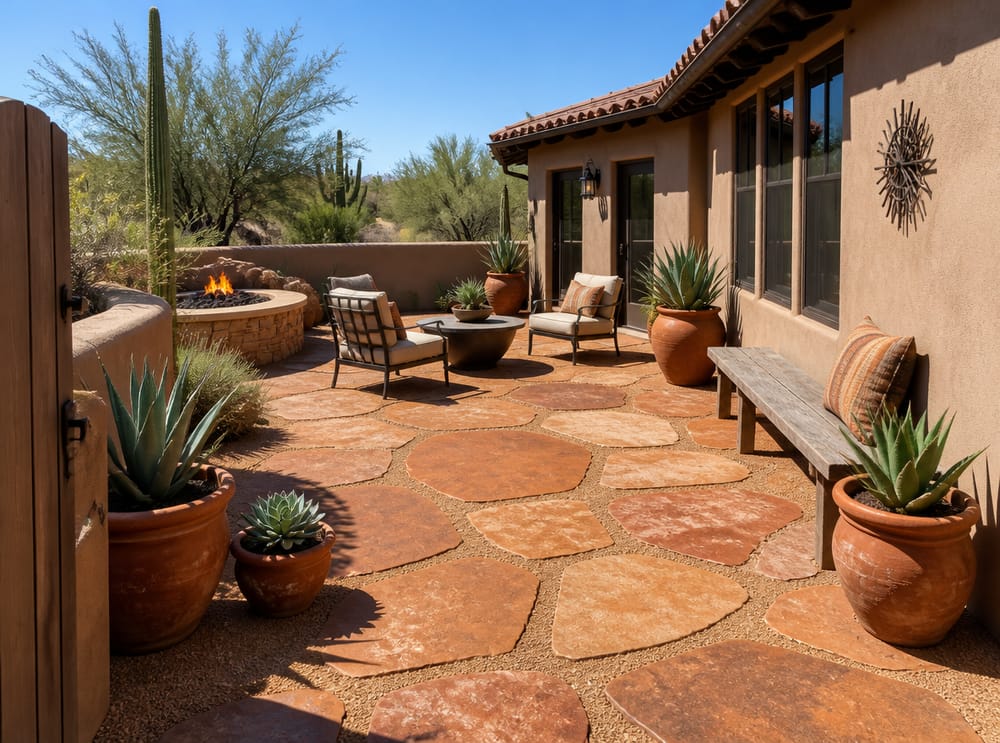 Patio de laja terracota con plantas de desierto