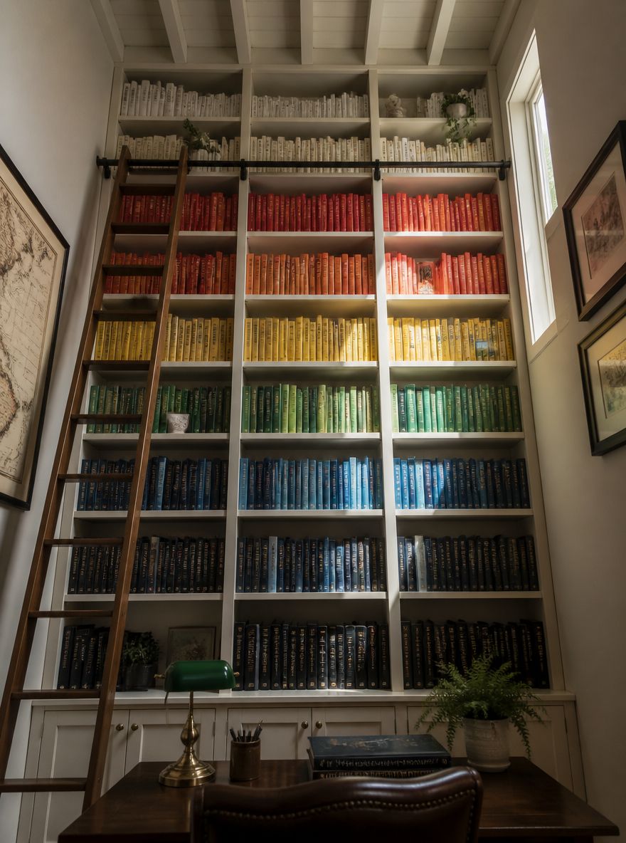 Plankenkast van vloer tot plafond met verrijdbare bibliotheekladder