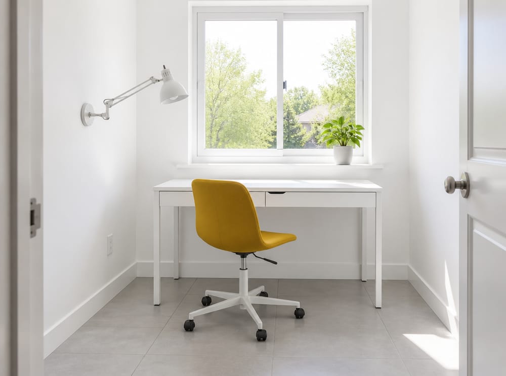 Minimalistisch wit bureau, verstelbare armatuur, ochtendlicht