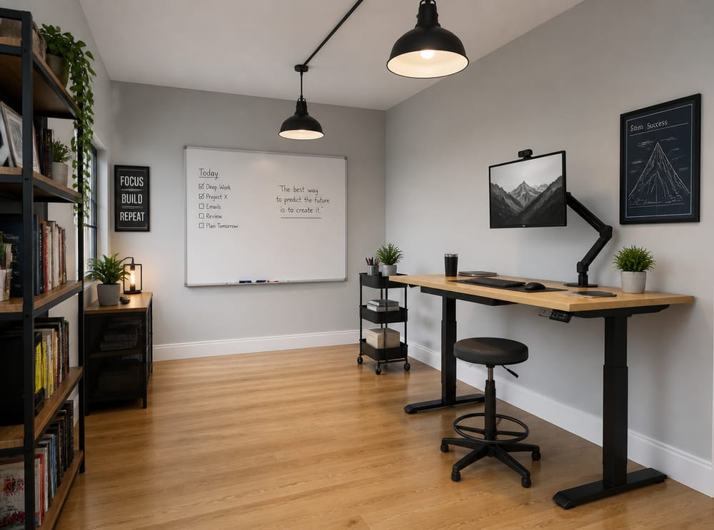 Stabureau met monitorarm, whiteboard op achterwand