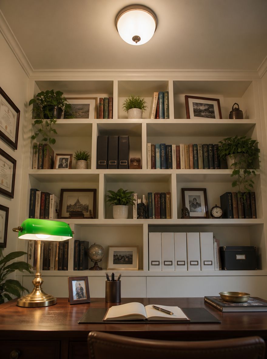 Modulaire plank boven bureau vloeit samen met warme muren