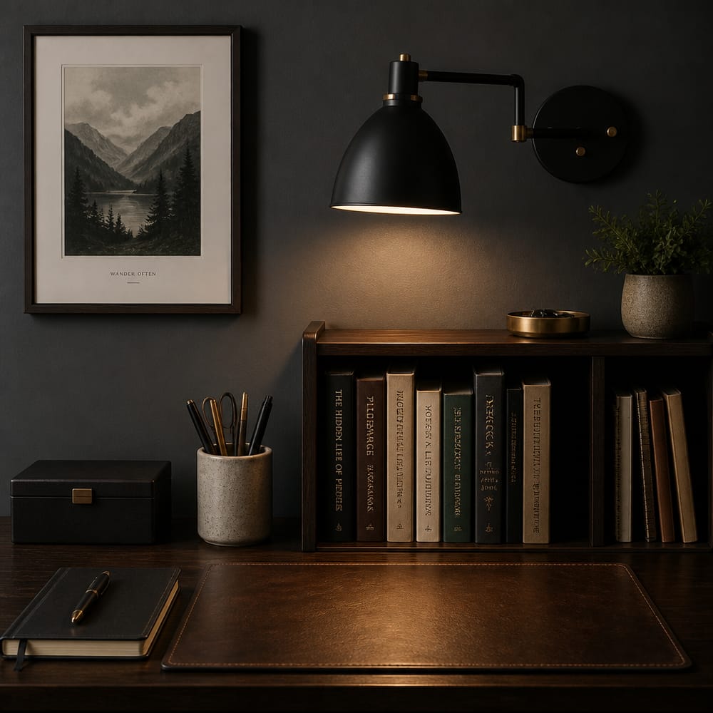 Donker bureaublad, matzwarte wandlamp, houtskoolkleurige muur