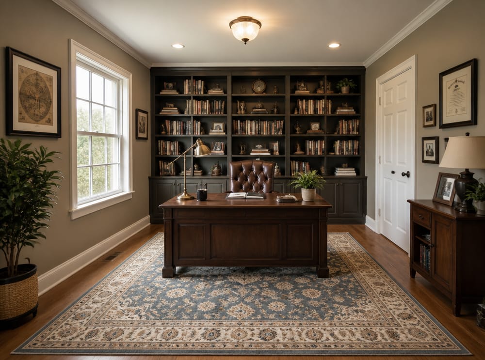 Bureau richting deur, volledige boekenkastwand achter stoel
