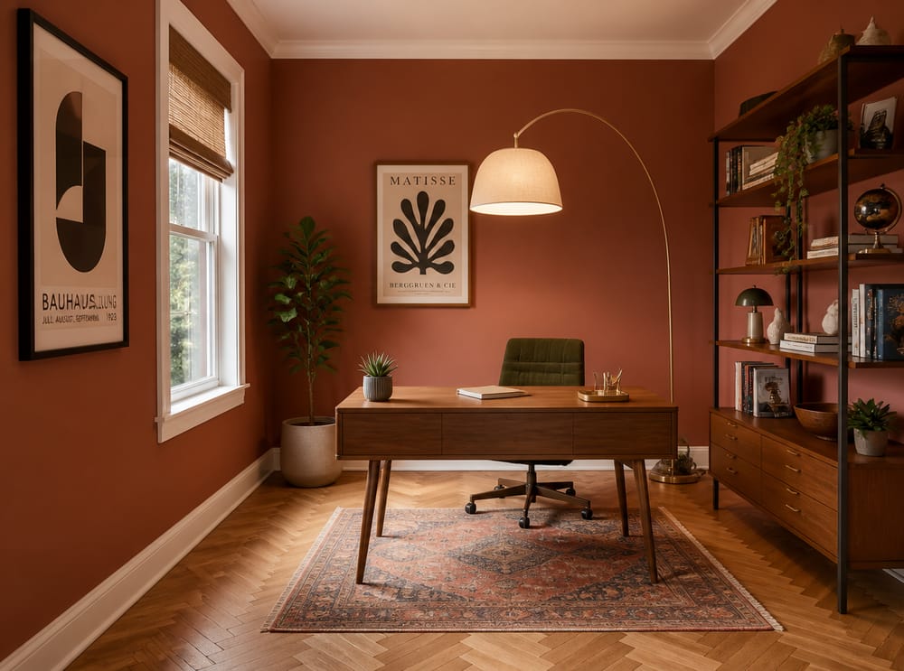 Mid-century bureau zwevend aan de muur, booglamp erboven