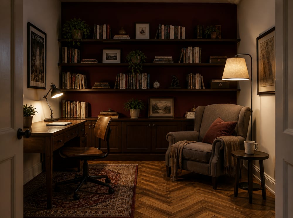 Bureau en leesfauteuil in aparte verlichte zones