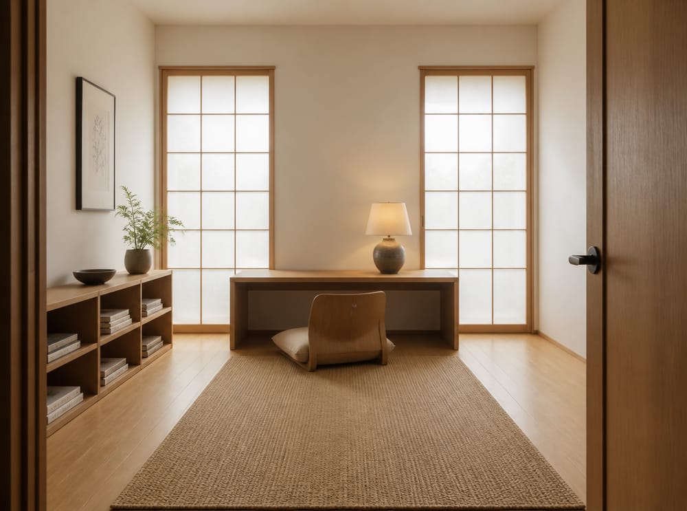 Japandi studeerplek met shoji-panelen die daglicht verspreiden