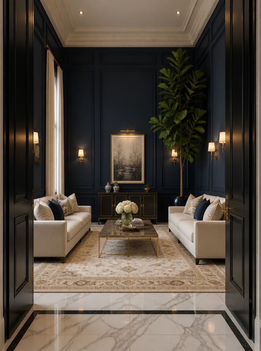 Pareti blu navy alte con divani in lino avorio