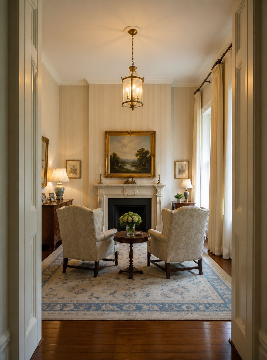 Carta da parati a righe con poltrone wingback simmetriche