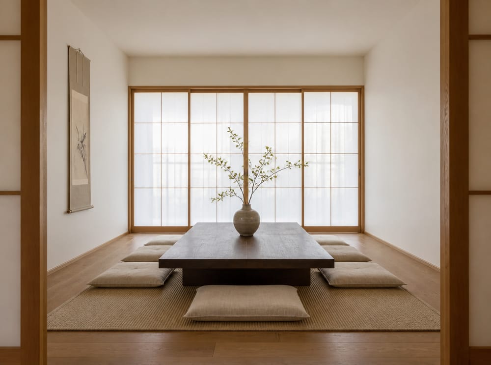 Ikebana-grenvase på lavt minimalistisk bord