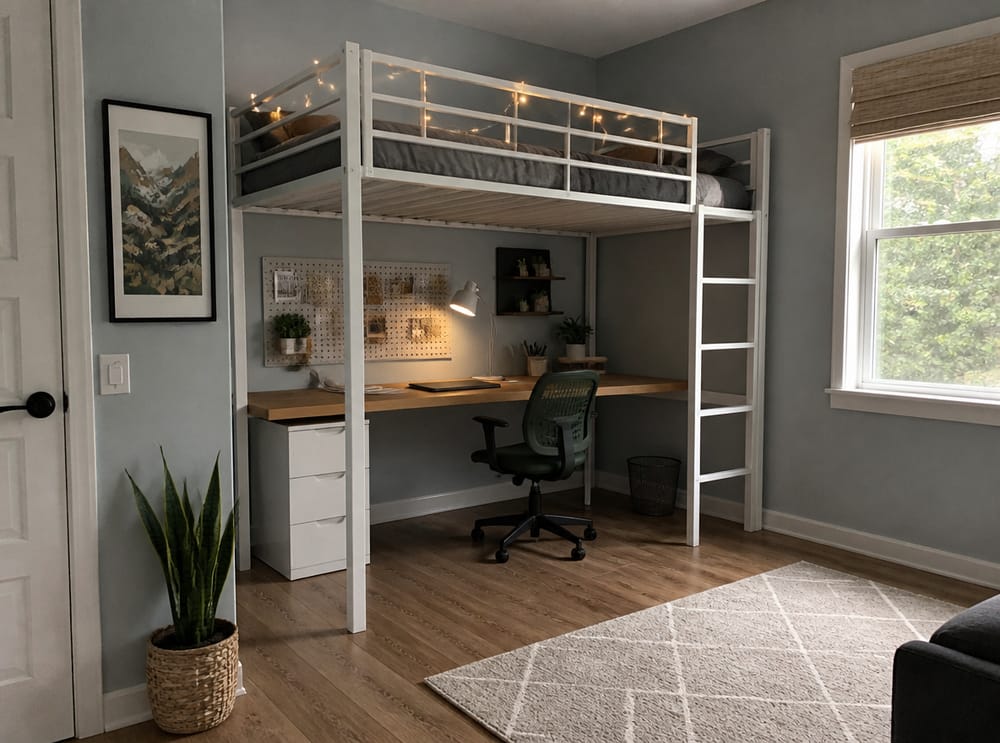 Cama elevada con zona de estudio a lo largo debajo