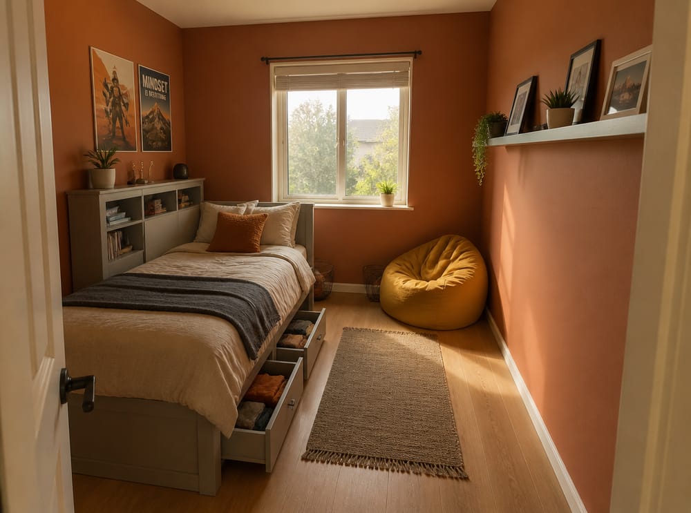 Cama con almacenaje y repisa flotante en la pared opuesta