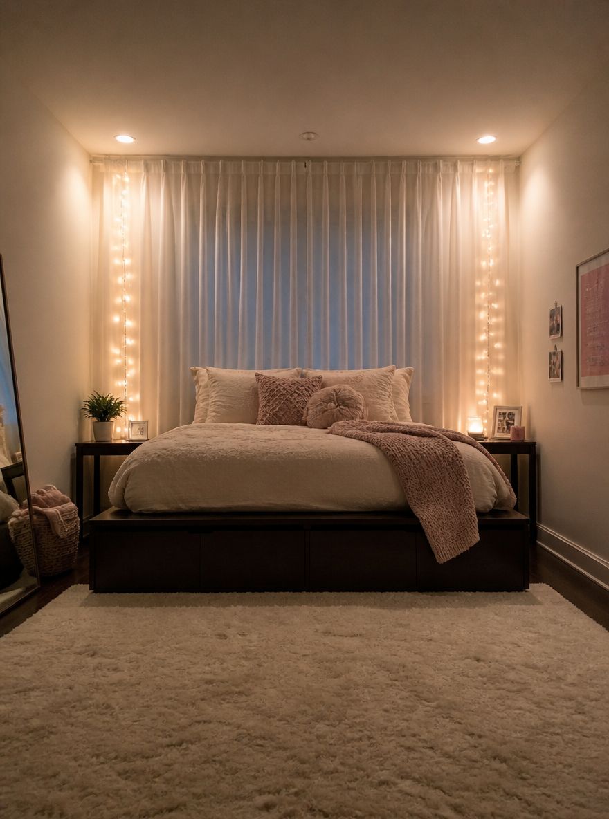 Cama tipo plataforma con cortinas de piso a techo y guirnaldas de luces